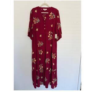 NWT Cactus & Pearl Womens XL Burgundy Maxi Boho Fall Dress Embroidered Floral